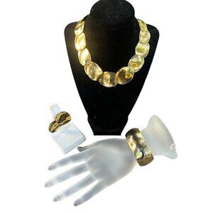 Les Bernard Style Shiny Overlapping Collar Necklace Disc Earrings and Bracelet
